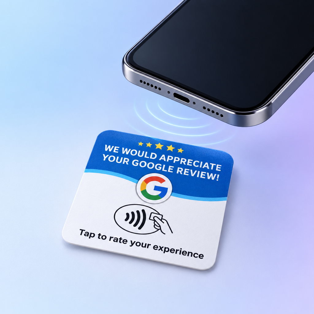 NFC review card with a phone about to tap it