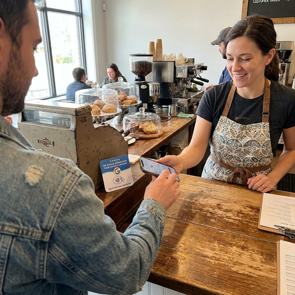 Freelancer showing a cafe owner a review card