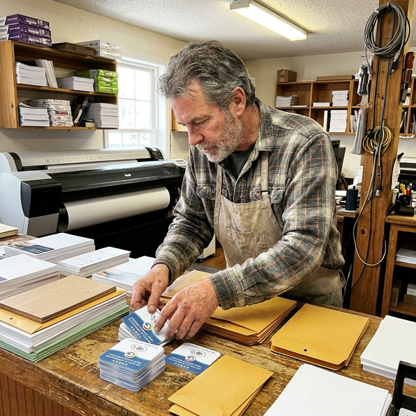 Local business owner sorting review cards